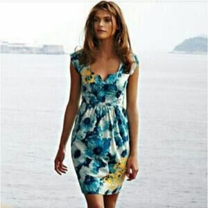 Anthropologie Floreat Blue Floral Knotted Poppies Belt Waist Short Sleeve Dress